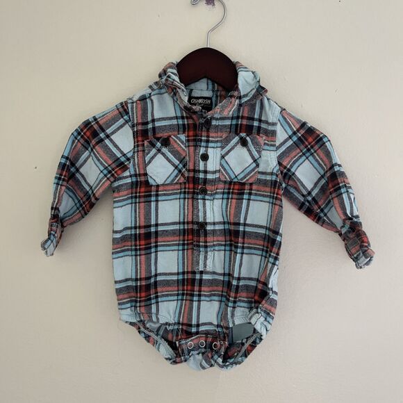 OshKosh B’Gosh Baby Boy Flannel Plaid Cotton Romper, Blue/Red- 24M - Picture 4 of 7